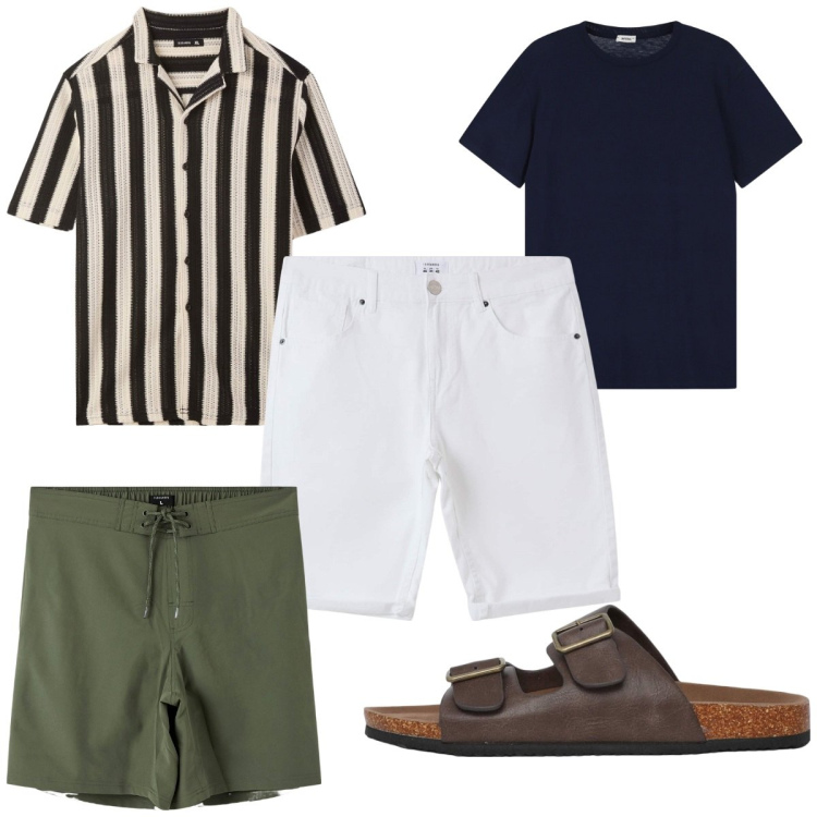 Outfit uomo - Total look #2213567. Stile Trendy per Mare. Abbinamento con costumi, bermuda, camicie a manica corta, sandali, t-shirt.