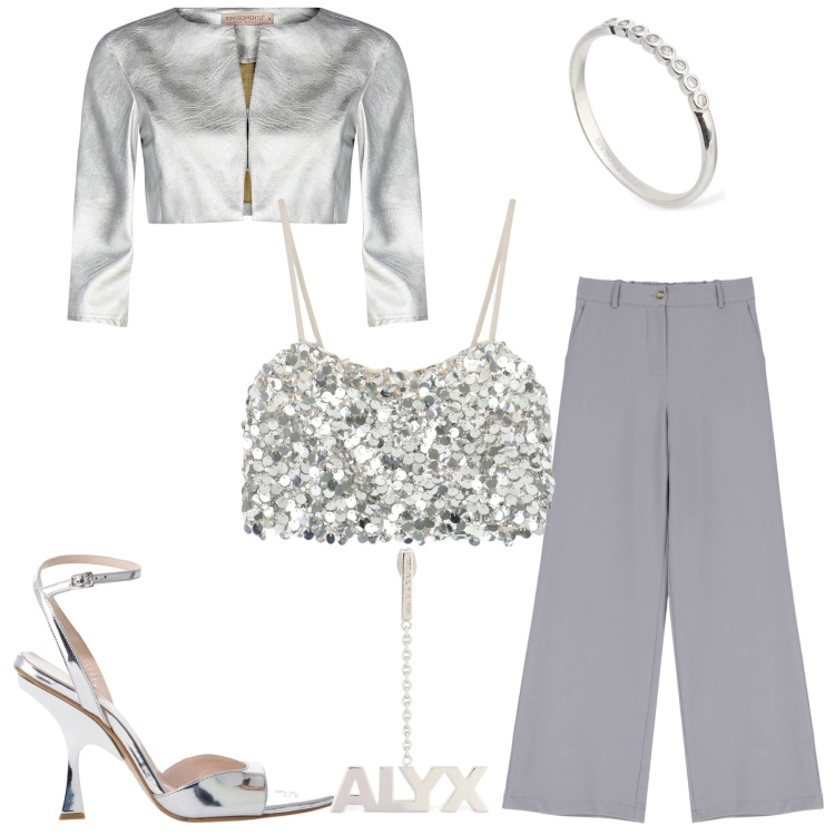 Outfit donna - Argento per la sera. Stile Glamour per Serata fuori. Abbinamento con bolero, top, pantaloni a palazzo, décolleté, orecchini, anelli.