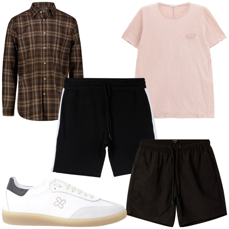 Outfit uomo - Total look #2213571. Stile Trendy per Mare. Abbinamento con costumi, pantaloni corti, sneakers, t-shirt, camicie.