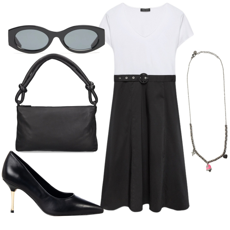 Outfit donna - Un bianco e nero. Stile Bon Ton per Serata fuori. Abbinamento con décolleté, ciondoli, vestiti midi/longuette, occhiali da sole, borse a spalla.