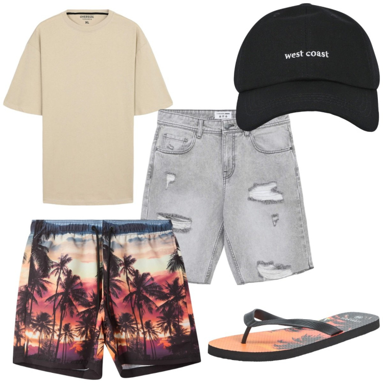 Outfit uomo - Total look #2213579. Stile Trendy per Mare. Abbinamento con sandali, cappelli con visiera, t-shirt, pantaloni corti, costumi.