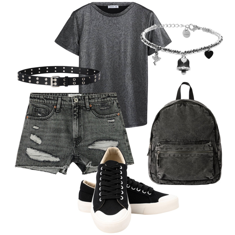 Outfit donna - Concerto rock. Stile Rock per Serata fuori. Abbinamento con t-shirt, shorts, zaini, cinture, braccialetti, sneakers.