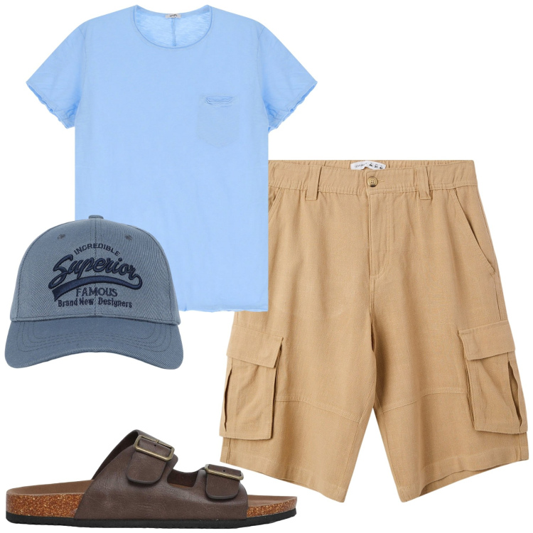 Outfit uomo - Al mare. Stile Casual per Mare. Abbinamento con cappelli con visiera, pantaloni corti, sandali, t-shirt.
