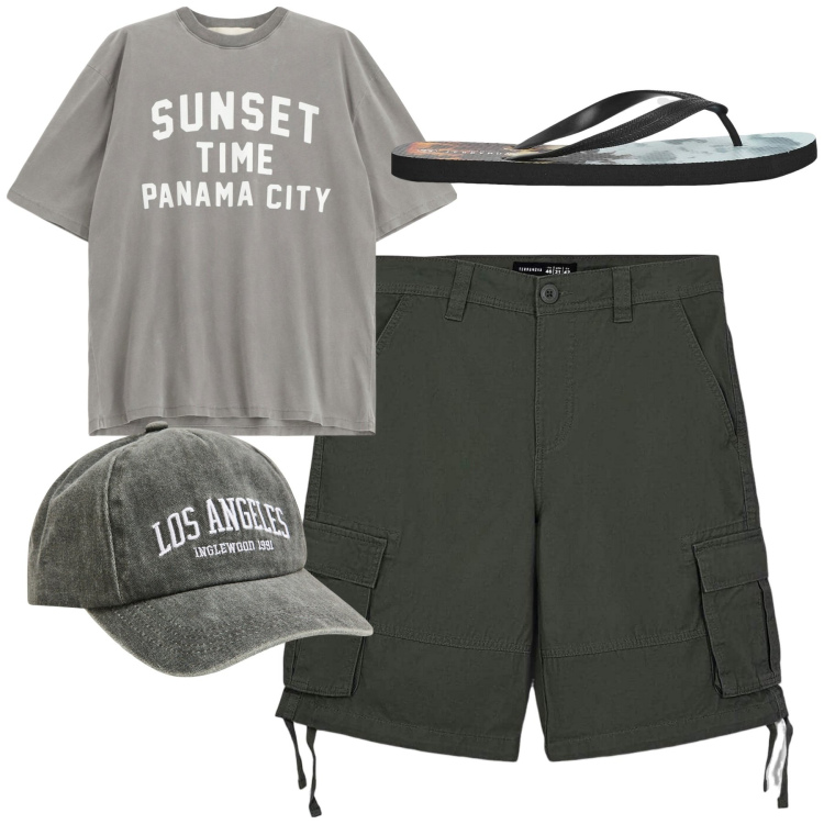 Outfit uomo - Total look #2213591. Stile Casual per Mare. Abbinamento con cappelli, sandali, bermuda, t-shirt.