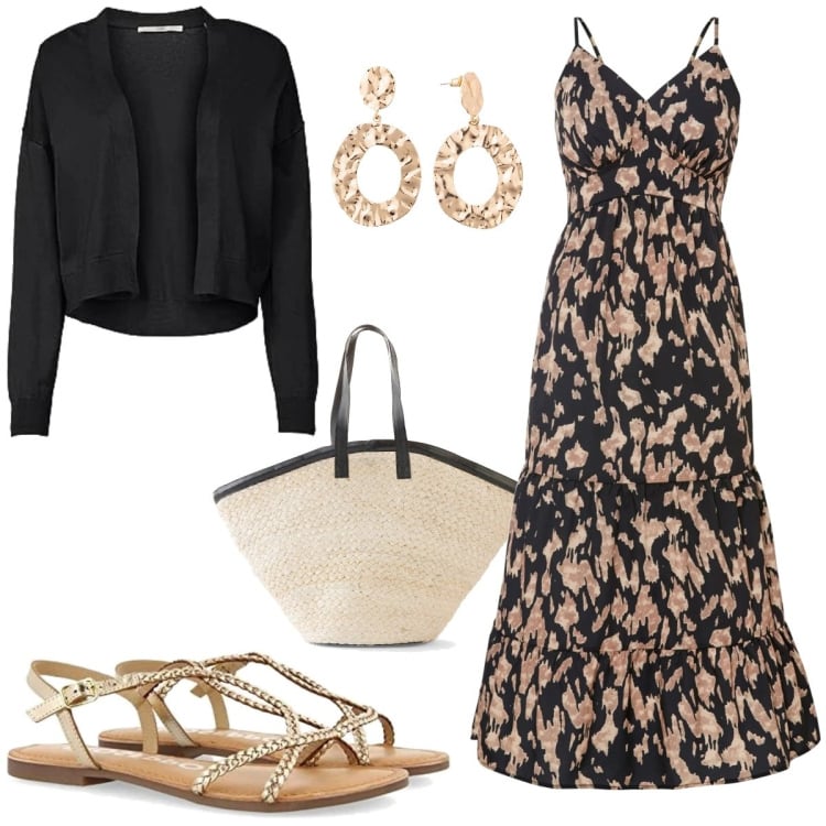 Outfit femme - Un petit gilet en août. Style Basique pour Tous les jours. Assortir avec robes mi-longues/au genou, boucles d'oreilles, sac cabas, gilets, sandales à talon.