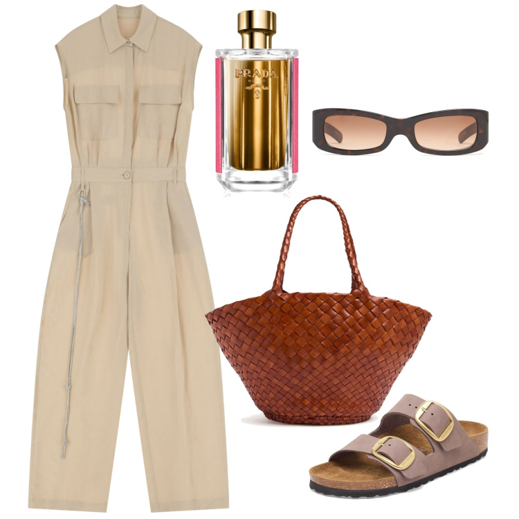 Outfit donna - Mathraki. Stile Casual per Tutti i giorni. Abbinamento con profumi, tute, shopping bag, occhiali da sole, sandali.