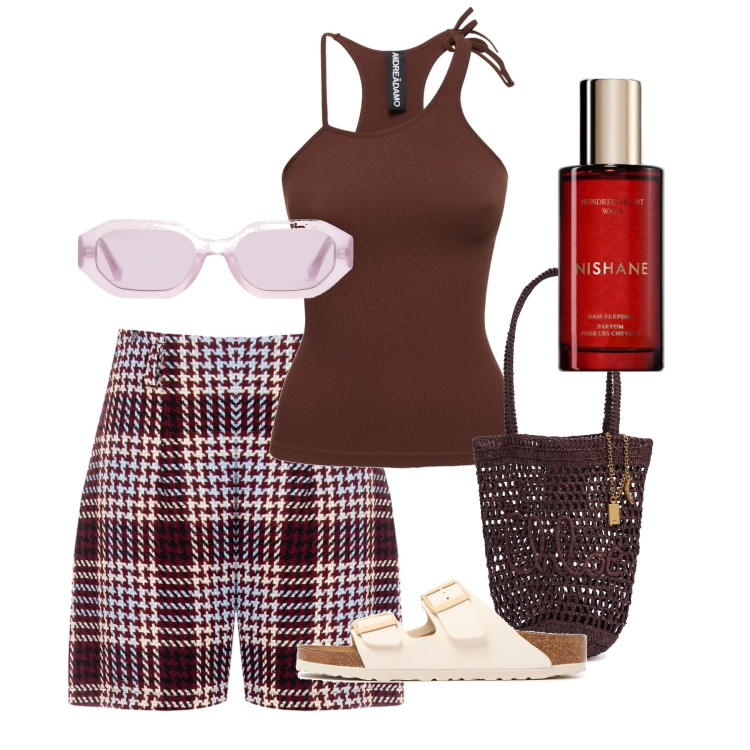 Outfit donna - Othroni. Stile Chic per Tutti i giorni. Abbinamento con profumi, shorts, occhiali da sole, sandali, canottiere, borse a spalla.
