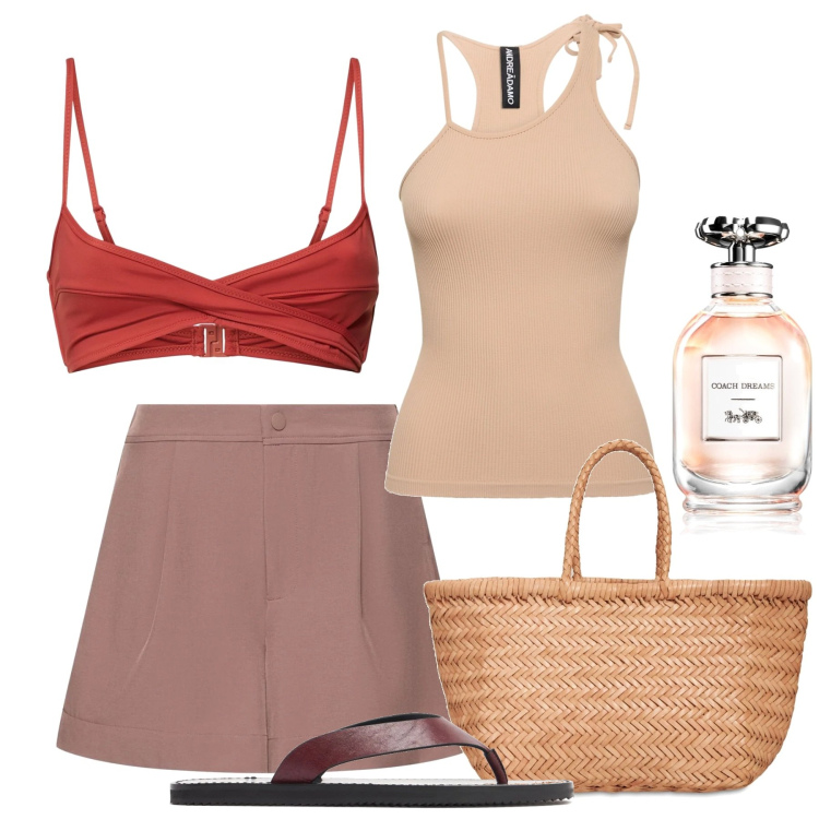 Outfit donna - Erikoussa. Stile Casual chic per Mare. Abbinamento con profumi, canottiere, shopping bag, bikini, shorts, ciabatte.