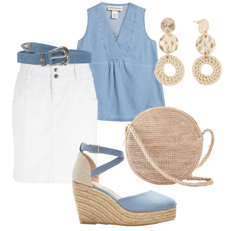 Outfit donna - Gonna stretch, denim e zeppe. Stile Casual per Tutti i giorni. Abbinamento con minigonne, sandali, bluse, orecchini, borse a tracolla, cinture.