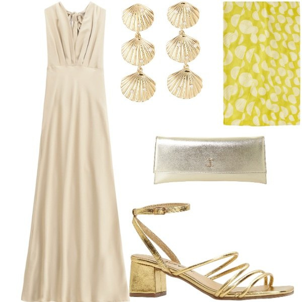 Outfit donna - Matrimonio in vista. Stile Glamour per Cerimonia. Abbinamento con sandali col tacco, orecchini, vestiti lunghi, pochette, stole.