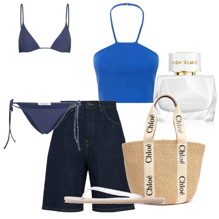 Outfit donna - Antipaxos. Stile Casual per Mare. Abbinamento con profumi, shopping bag, bikini, top, infradito, shorts.