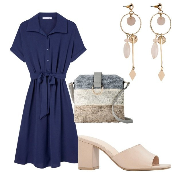 Outfit donna - Outifit di luglio. Stile Casual per Tutti i giorni. Abbinamento con orecchini, sandali col tacco, borse a tracolla, vestiti chemisier.