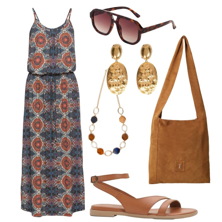 Outfit donna - City boho. Stile Boho per Tutti i giorni. Abbinamento con vestiti lunghi, sandali in pelle, occhiali da sole, borse a tracolla, collane, orecchini.