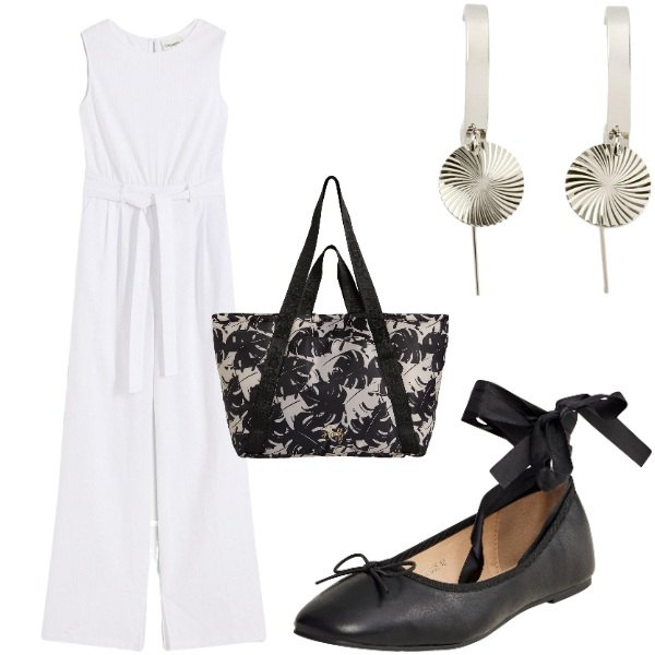 Outfit donna - Le serate di Luglio. Stile Casual chic per Serata fuori. Abbinamento con tute, orecchini, ballerine, shopping bag.