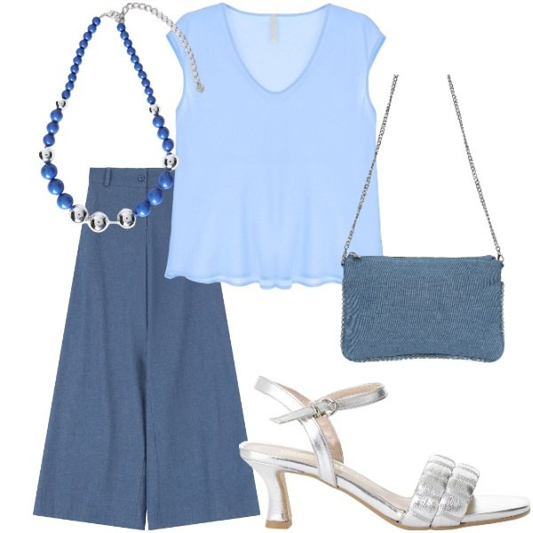 Outfit donna - Le serate di Luglio. Stile Casual chic per Serata fuori. Abbinamento con borse a tracolla, jeans, top, sandali col tacco, collane.
