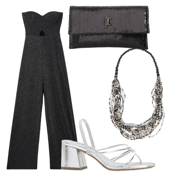 Outfit donna - Compleanno in villa. Stile Glamour per Serata fuori. Abbinamento con sandali col tacco, tute, borse a tracolla, collane.