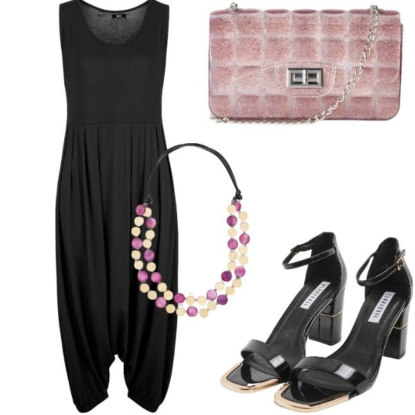 Outfit donna - Serata tra amici. Stile Casual chic per Serata fuori. Abbinamento con tute, sabot, borse a tracolla, collane.