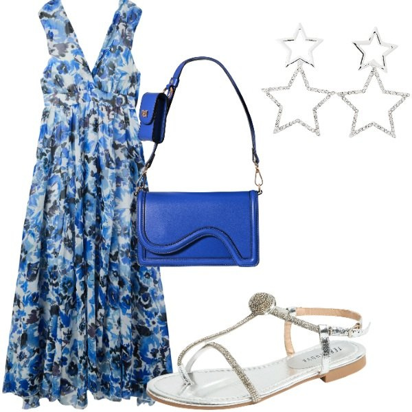 Outfit donna - A cena fuori. Stile Casual chic per Serata fuori. Abbinamento con vestiti lunghi, orecchini, ciabatte, pochette.
