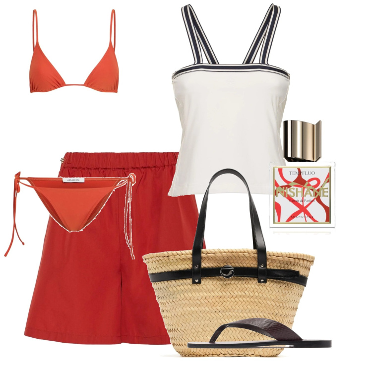 Outfit donna - Paxos. Stile Bon Ton per Mare. Abbinamento con profumi, shopping bag, bikini, canottiere, infradito, shorts.