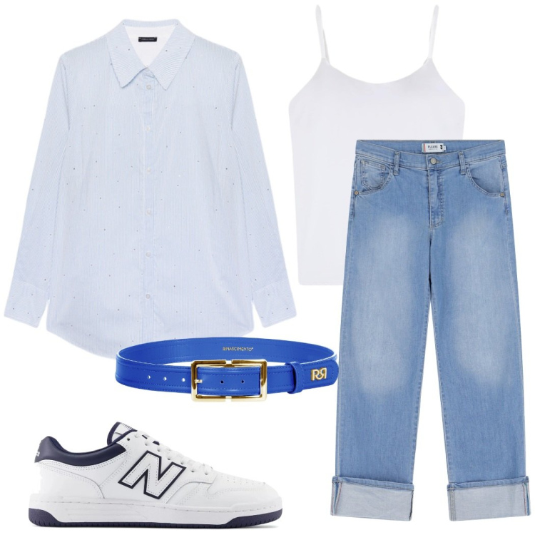 Outfit donna - Total look #2213688. Stile Casual chic per Tutti i giorni. Abbinamento con magliette intime, sneakers, cinture, jeans dritti, camicie.