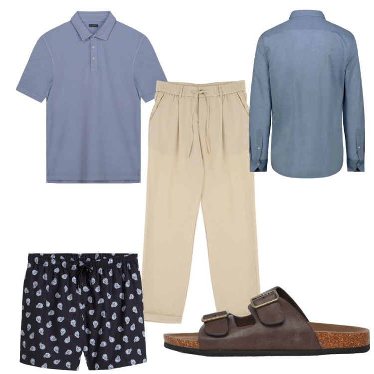 Outfit uomo - Total look #2213689. Stile Trendy per Mare. Abbinamento con costumi, sandali, pantaloni, camicie, polo.