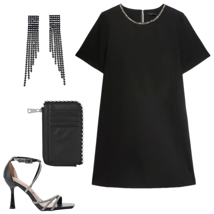 Outfit donna - Summer holiday. Stile Chic per Serata fuori. Abbinamento con portafogli, sandali col tacco, orecchini, vestiti corti.