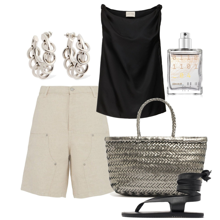 Outfit donna - Meganissi. Stile Chic per Serata fuori. Abbinamento con profumi, orecchini, borse a mano, sandali in pelle, top, shorts.