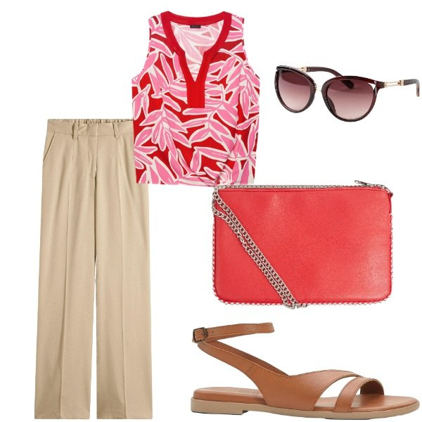 Outfit donna - Outifit di luglio. Stile Casual per Tutti i giorni. Abbinamento con sandali in pelle, occhiali da sole, pantaloni, borse a tracolla, top.