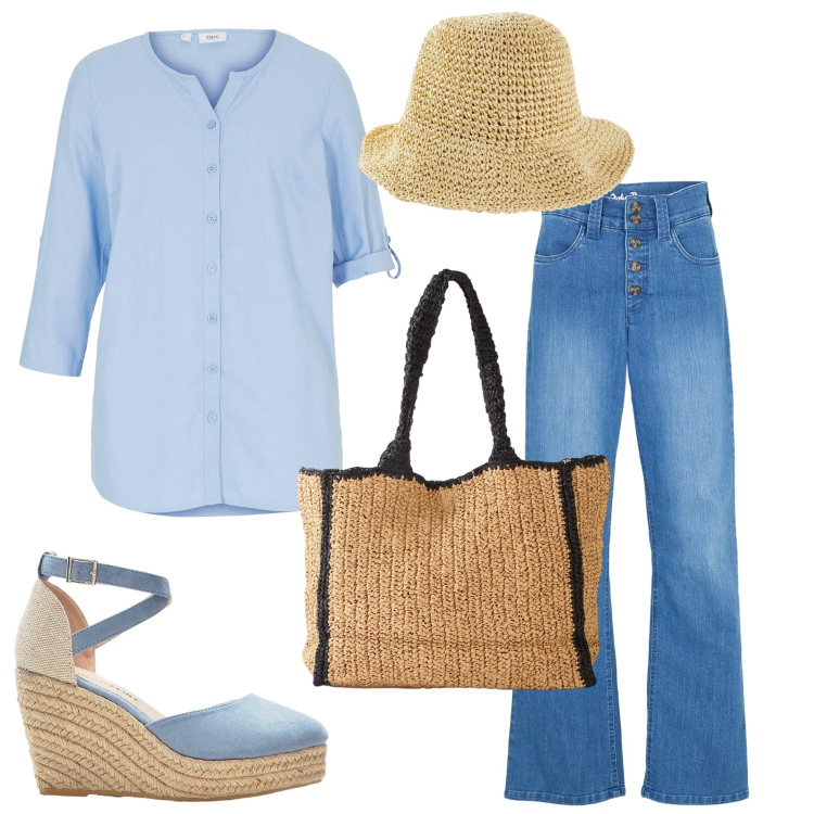 Outfit donna - Denim vintage. Stile Vintage retrò per Serata fuori. Abbinamento con camicie, jeans dritti, sandali, cappelli, shopping bag.