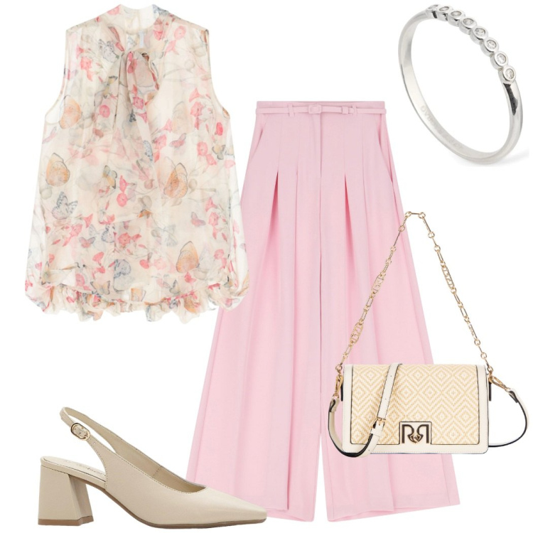Outfit donna - Romantico rosa. Stile Chic per Cerimonia. Abbinamento con décolleté, borse a tracolla, pantaloni, camicie, anelli.