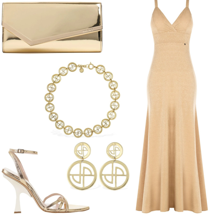 Outfit donna - Golden. Abbinamento con vestiti lunghi, sandali col tacco, pochette, orecchini, collane.