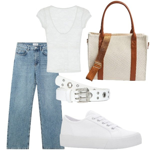 Outfit donna - Outifit di luglio. Stile Casual per Tutti i giorni. Abbinamento con sneakers, cinture, shopping bag, jeans, t-shirt.