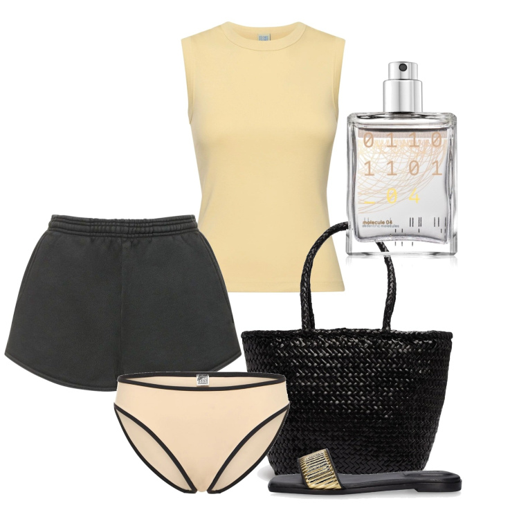 Outfit donna - Kalamos. Stile Basic per Mare. Abbinamento con profumi, sandali in pelle, borse a secchiello, bikini, canottiere, shorts.
