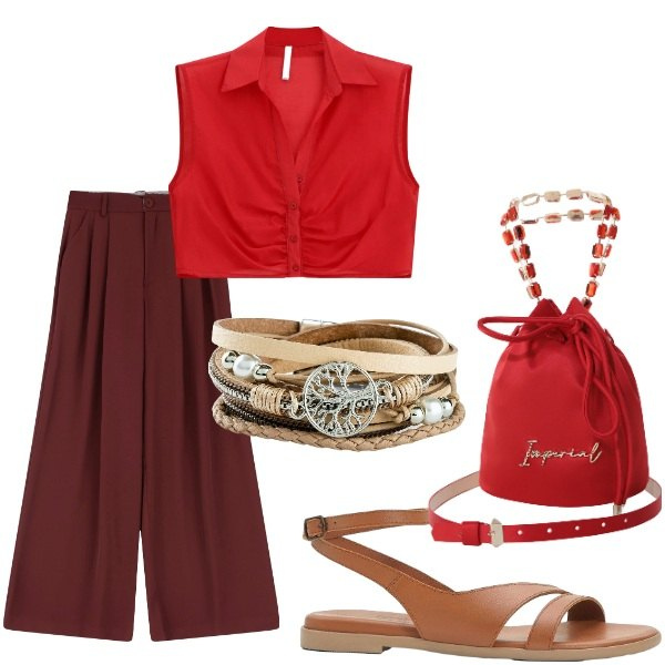 Outfit donna - Le serate di Luglio. Stile Casual chic per Tutti i giorni. Abbinamento con braccialetti, sandali in pelle, borse a secchiello, top, pantaloni.
