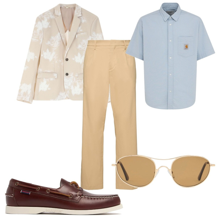 Outfit uomo - Total look #2213707. Stile Trendy per Tutti i giorni. Abbinamento con giacche, scarpe stringate, occhiali da sole, pantaloni, camicie a manica corta.