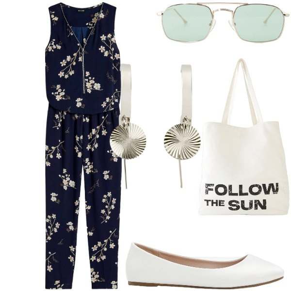 Outfit donna - Outifit di luglio. Stile Casual per Tutti i giorni. Abbinamento con tute, ballerine, shopping bag, orecchini, occhiali da sole.