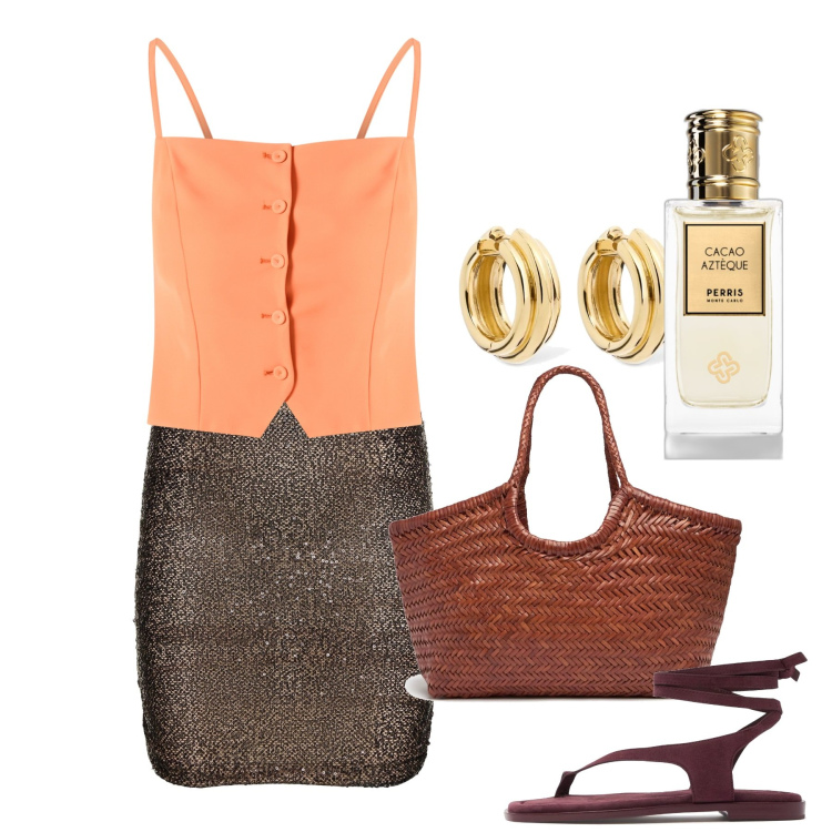 Outfit donna - Kastos. Stile Chic per Serata fuori. Abbinamento con canottiere, profumi, shopping bag, minigonne, orecchini, sandali in pelle.