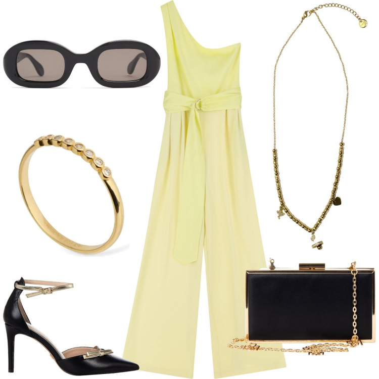 Outfit donna - Cerimonia. Stile Chic per Cerimonia. Abbinamento con décolleté, pochette, tute, ciondoli, anelli, occhiali da sole.
