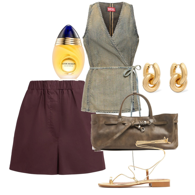 Outfit donna - Kastos. Stile Chic per Serata fuori. Abbinamento con profumi, orecchini, top, shorts, sandali in pelle, borse tote.