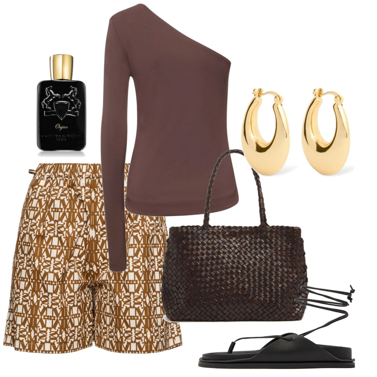Outfit donna - Cefalonia. Stile Chic per Serata fuori. Abbinamento con profumi, orecchini, sandali in pelle, shorts, top, shopping bag.
