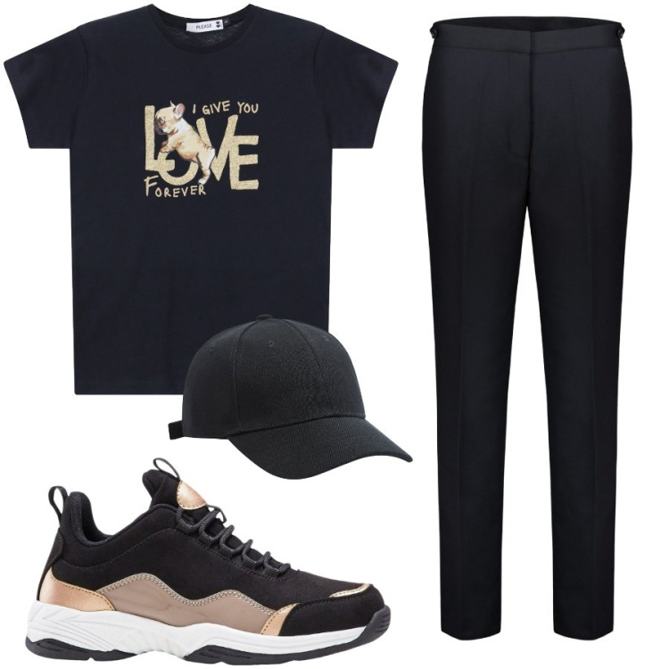 Outfit donna - Total look #2213724. Stile Urban per Tutti i giorni. Abbinamento con sneakers, cappelli, t-shirt, pantaloni.