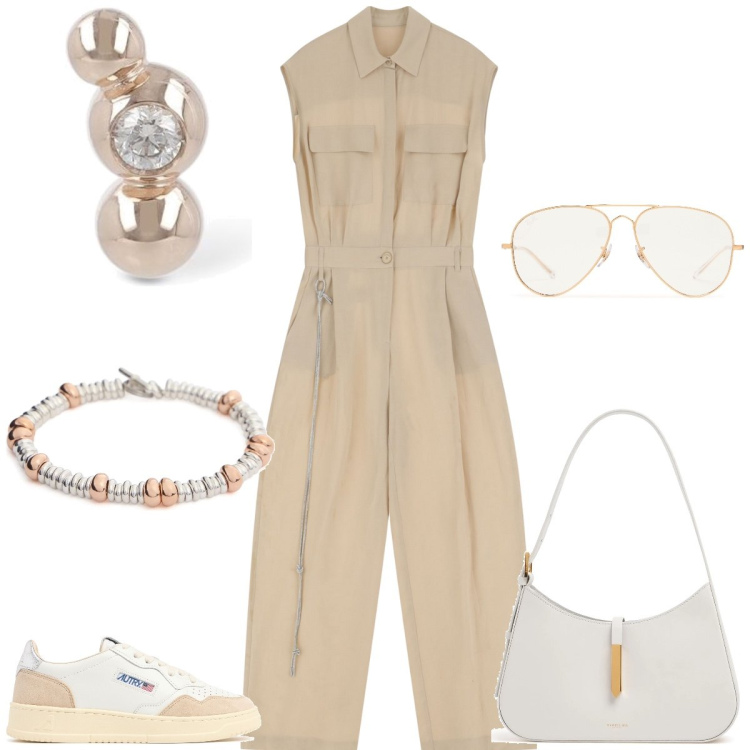 Outfit donna - Dinamica. Stile Sporty chic per Tutti i giorni. Abbinamento con tute, sneakers, borse a spalla, orecchini, occhiali da sole, braccialetti.