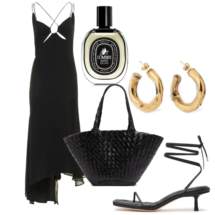 Outfit donna - Itaka. Stile Chic per Serata fuori. Abbinamento con profumi, vestiti midi/longuette, shopping bag, sandali in pelle, orecchini.