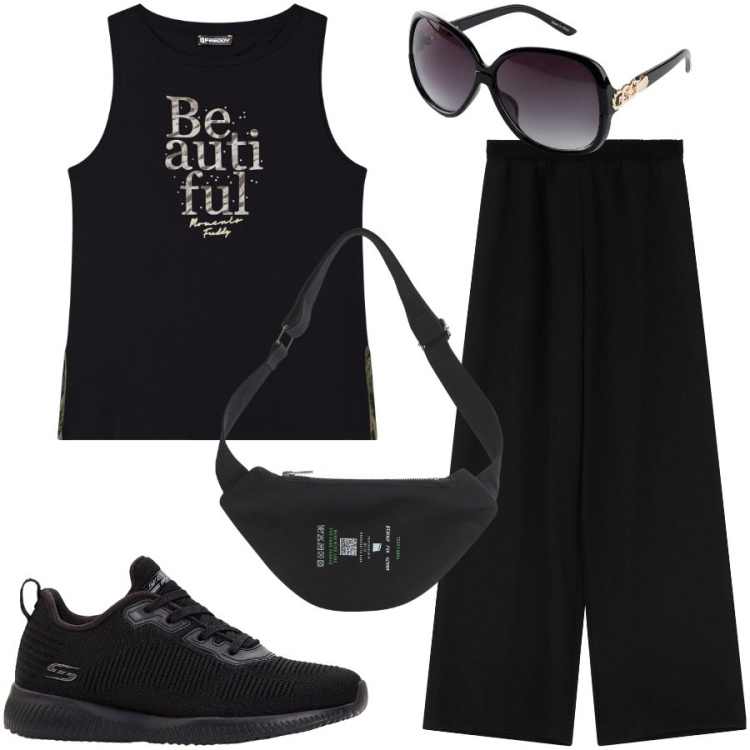 Outfit donna - Total black. Stile Sporty chic per Tutti i giorni. Abbinamento con occhiali da sole, sneakers, marsupi, pantaloni a palazzo, canottiere.