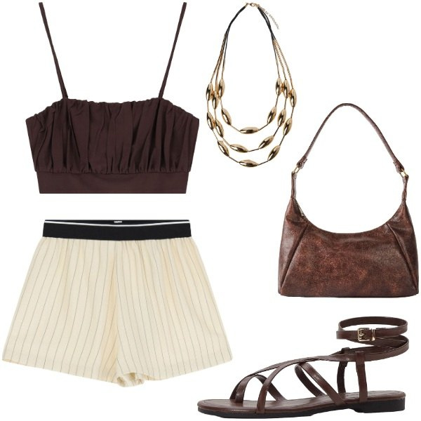 Outfit donna - Serata tra amici. Stile Casual chic per Serata fuori. Abbinamento con borse a mano, sandali, pantaloni corti, top, collane.