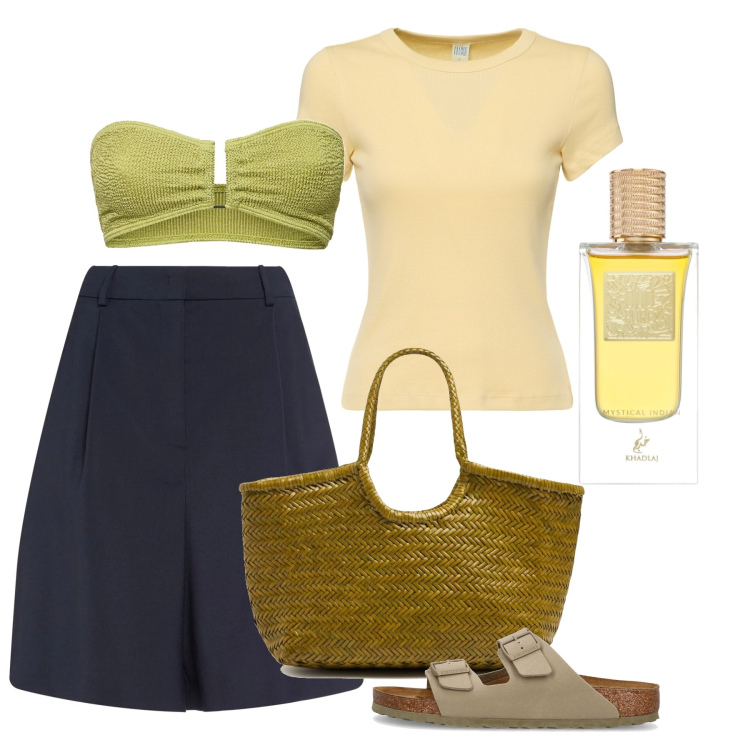 Outfit donna - Zante. Stile Chic per Mare. Abbinamento con profumi, sandali, bikini, t-shirt, shorts, shopping bag.