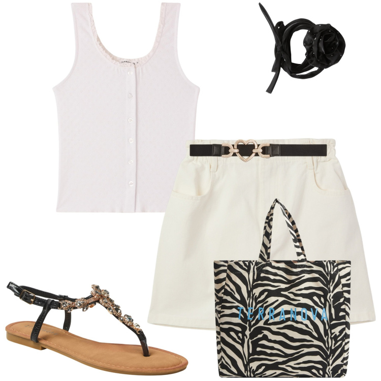 Outfit donna - Terranova. Stile Casual chic per Mare. Abbinamento con canottiere, borse tote, minigonne, collane, cinture, sandali gioiello.