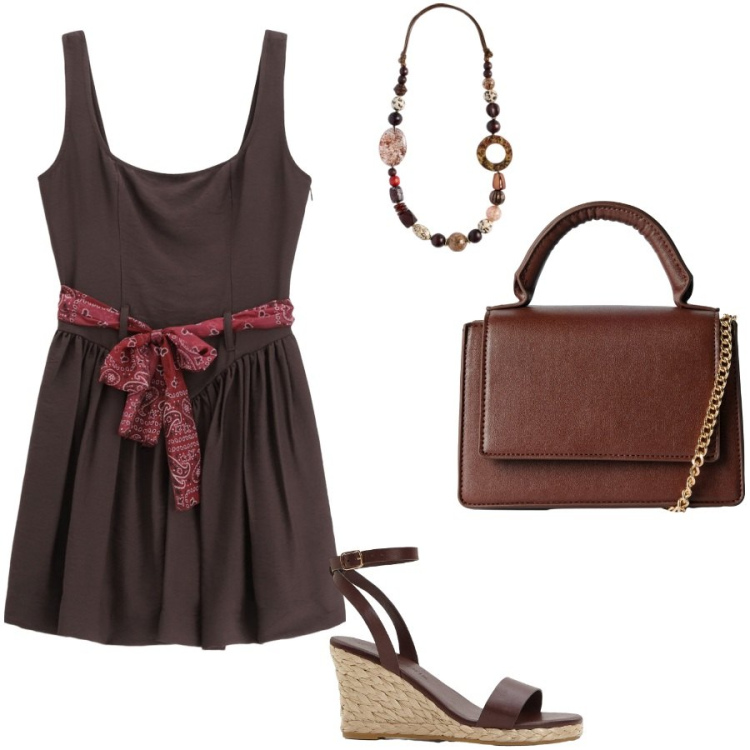 Outfit donna - Il foulard cintura. Stile Casual chic per Tutti i giorni. Abbinamento con sandali, borse a tracolla, vestiti corti, collane.