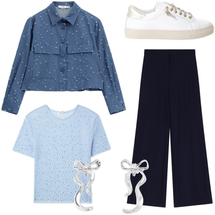 Outfit donna - Urban style. Stile Casual chic per Tutti i giorni. Abbinamento con orecchini, t-shirt, blazer, sneakers, pantaloni.