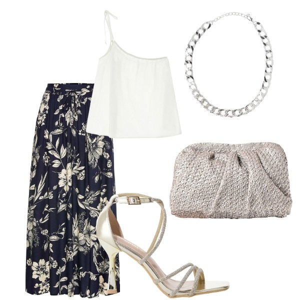 Outfit donna - Cerimonia tra intimi. Stile Glamour per Serata fuori. Abbinamento con gonne lunghe, collane, clutch, sandali col tacco, top.